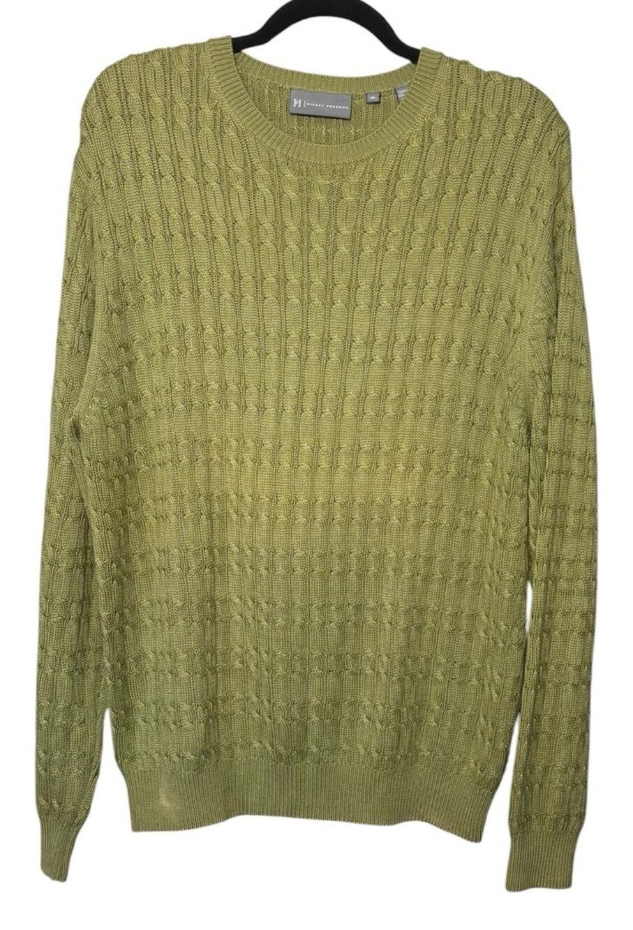 Hickey Freeman Silk Blend Cable Knit Green Sweater Men’s Size M Flaw